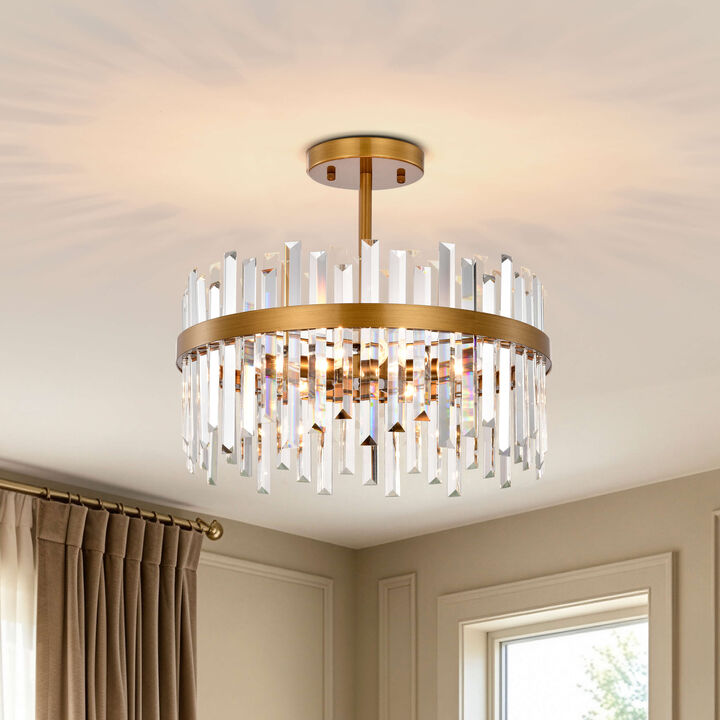 Jojospring Casandra 5-Light Drum Crystal Glass Flush Mount - Medium-gloss Brushed Brass