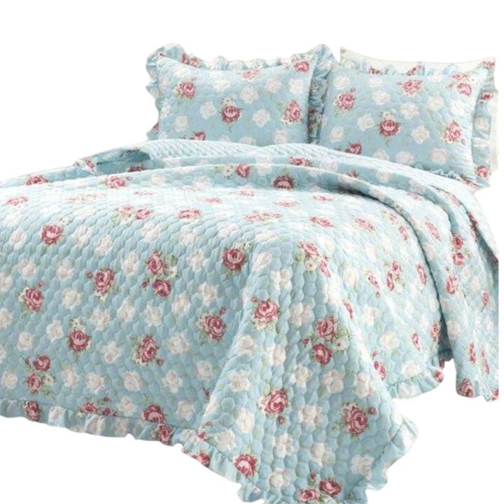 Hivvago Vintage Rose Ruffle Edge Light Quilt Set in Blue White and Pink