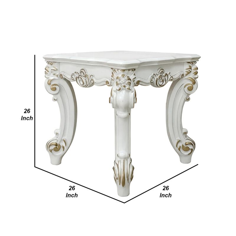 Jess 26 Inch Side End Table, Traditional Scrolled Legs, Brushed Gold, White