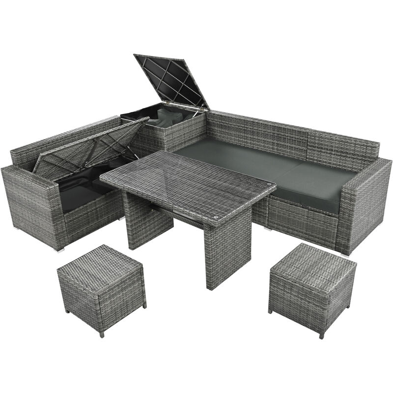 Outdoor 6-Piece All Weather PE Rattan Sofa Set, Garden Patio Wicker Sectional Furniture Set with Adjustable Seat, Storage Box, Removable Covers and Tempered Glass Top Table,Grey