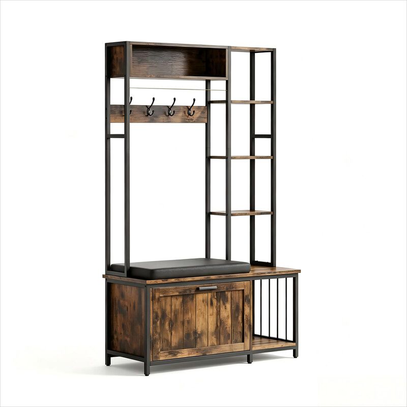 Hall Tree with Bench and Shoe Storage, 39.4" Entryway Bench with Coat Rack freestanding, Wall Rack 4 Hooks and Shelves, 39.37" x 15.74&ldquo; x 69.69" image number 0