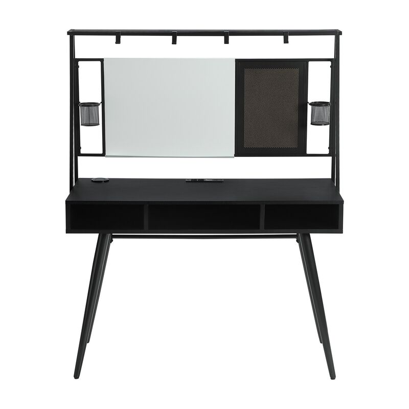 58 Inch Writing Desk With Whiteboard, Cup Holders, USB, Charger, Black-Benzara