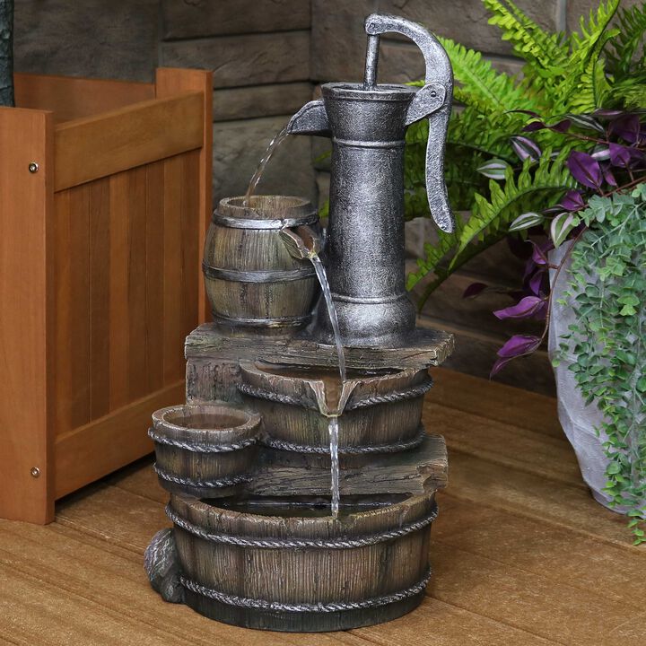 Sunnydaze Cozy Farmhouse Pump/Barrel Water Fountain with LED Lights - 23 in