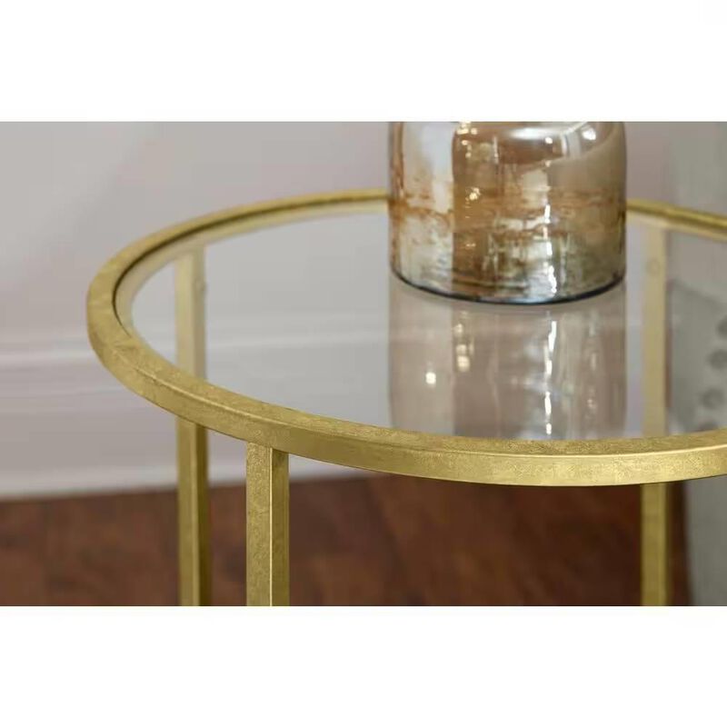 Hivvago Round Accent Side Table Gold Metal Glass Top Bottom Shelf End Table