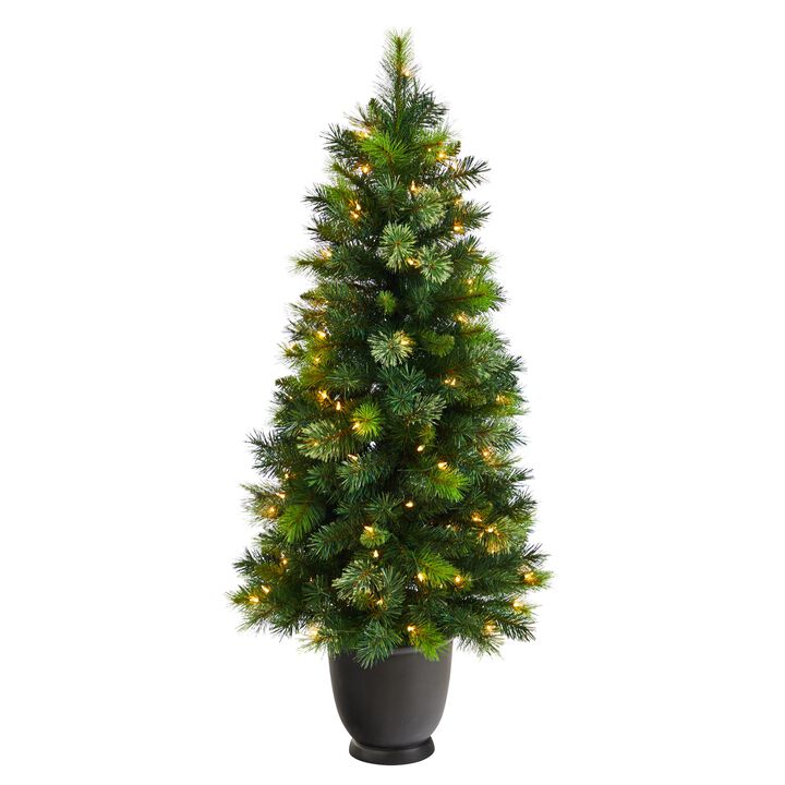 Hivvago 4.5 Feet Oregon Pine Artificial Christmas Artificial in Decorative Planter with 250 Bendable Branches and 100 Warm White Lights