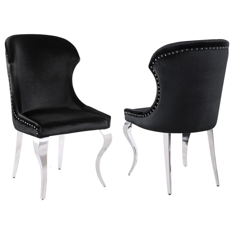 Cian 22 Inch Dining Chair, Curved, Cabriole Legs, Black Velvet, Set of 2 - Benzara
