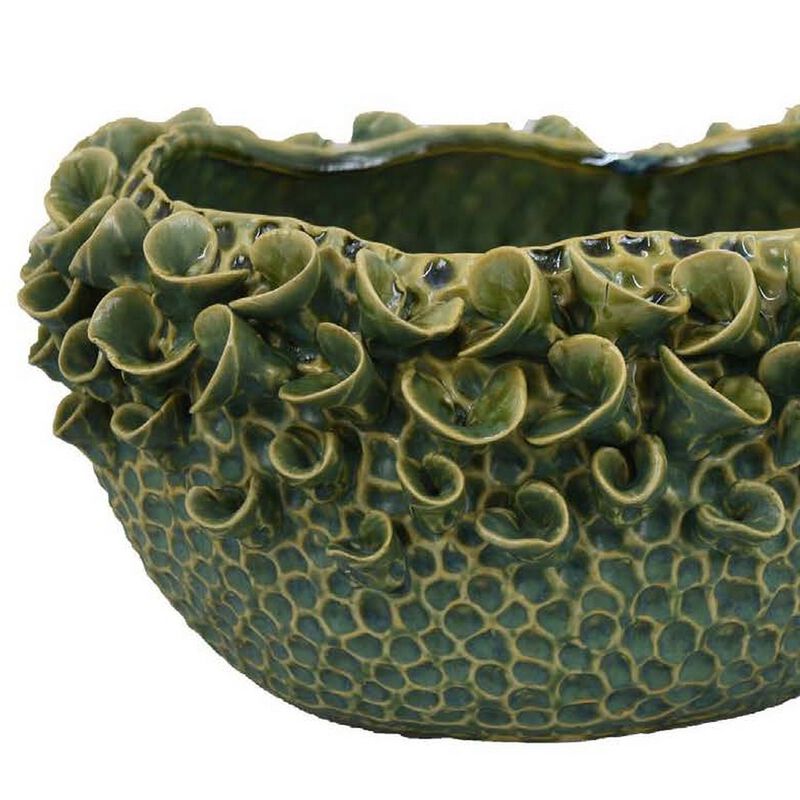 Nina Decorative Bowl, Textured Green Ceramic, Abstract Floral 13 Inch - Benzara
