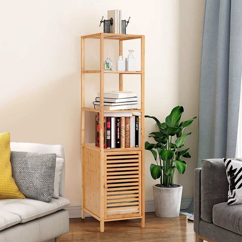 Costway 4 Tiers Bamboo Bathroom Storage Floor Cabinet Tower Corner Rack w/ Louvered Door