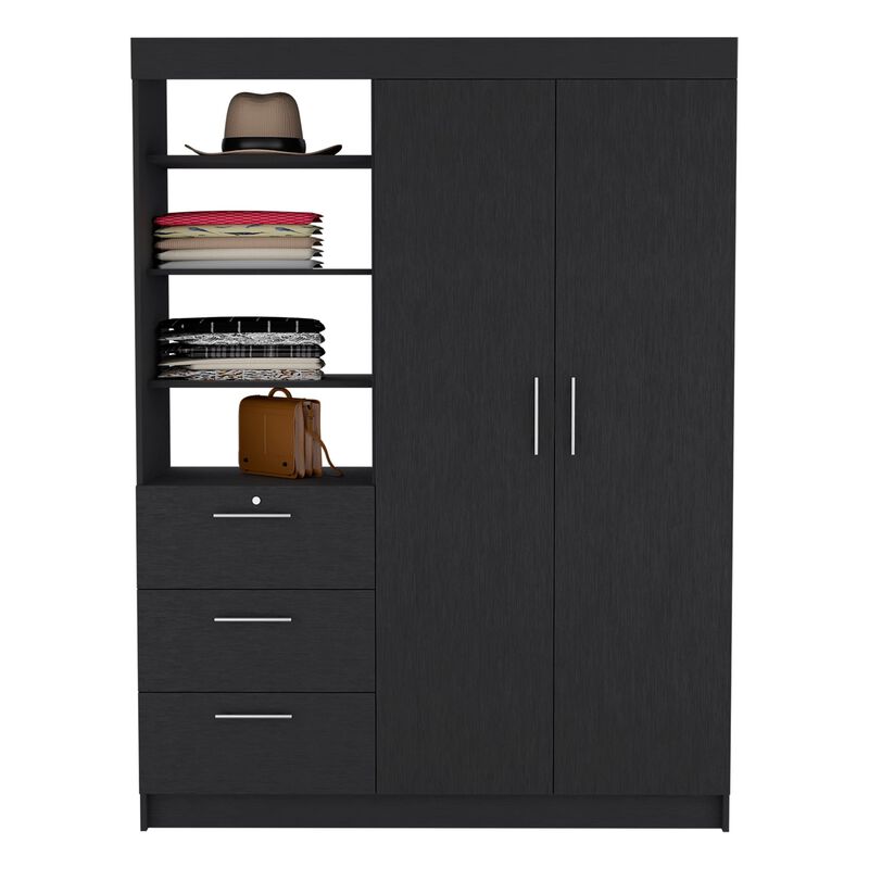 DEPOT E-SHOP Laurel 3-Tier Shelf and Drawers Armoire with Metal Handles, Black