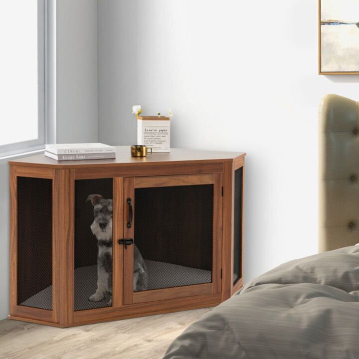 Corner Dog Kennel with Mesh Door and Cushion