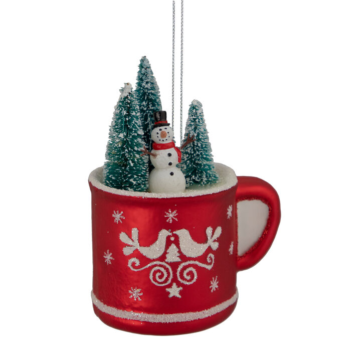 4.25" Christmas Trees and Snowman in a Cup Glass Ornament