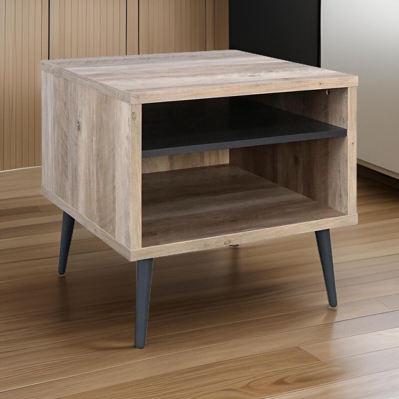 Carly 22 Inch Side End Table, Tapered Legs, 1 Shelf, Light Brown and Gray