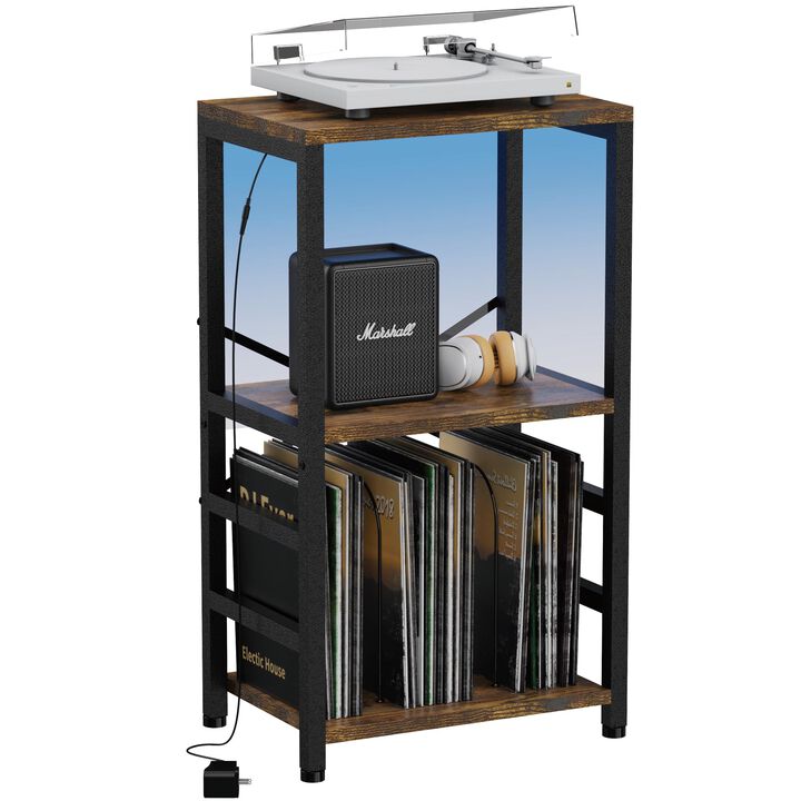 YAKANJ End Table with LED Light,Record Player Stand with Albums Storage,Vinyl Records Storage,Turntable Stand Side Table for Mus