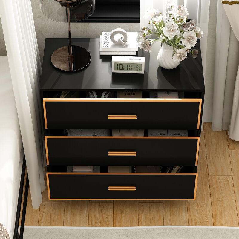 FUFU&GAGA Modern Black 3-Drawer Dresser with Gold Trim, Metal Handles & Base &ndash; Stylish Storage Cabinet for Bedroom(31.5"W x 15.7"D x 28.7"H),Black