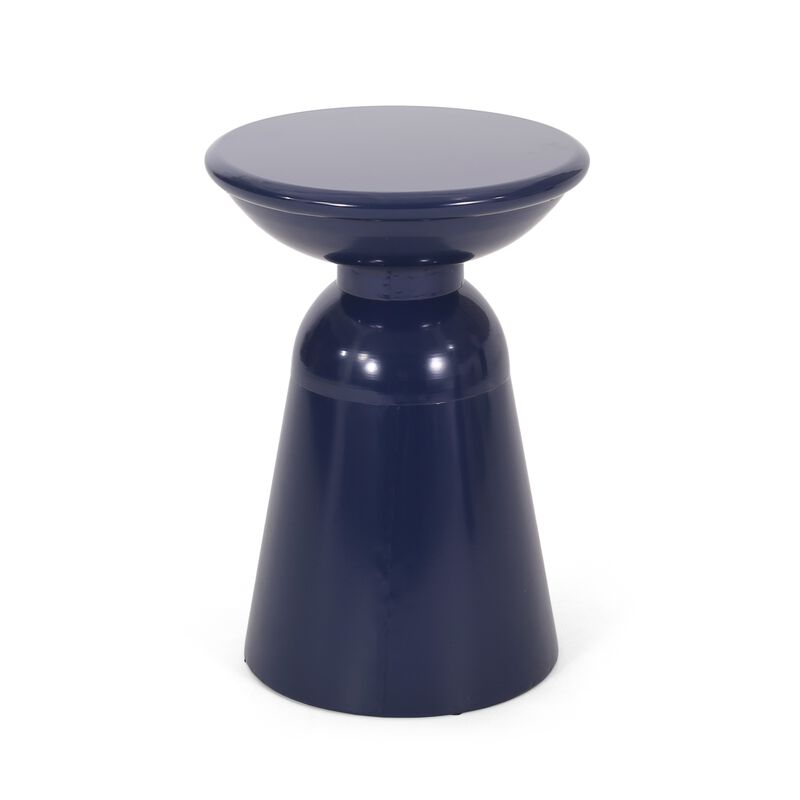 Suma Outdoor End Table Set of 2, Round, Pedestal Base, Navy Blue Iron - Benzara