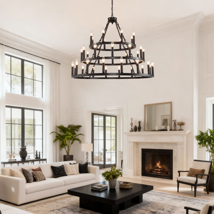 ELEMENT ACE 3-Tier Wagon Wheel 36-Light Adjustable Height Chandelier Hanging Light Fixture for High Ceiling Living Dining Room Foyer Entryway Kitchen Island Bar