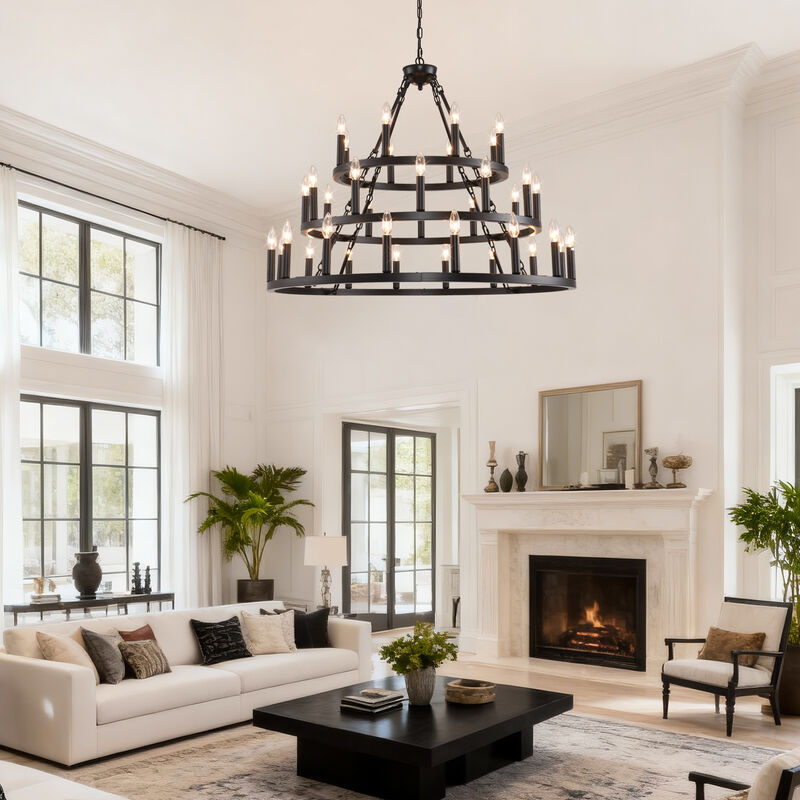 ELEMENT ACE 3-Tier Wagon Wheel 36-Light Adjustable Height Chandelier Hanging Light Fixture for High Ceiling Living Dining Room Foyer Entryway Kitchen Island Bar image number 1