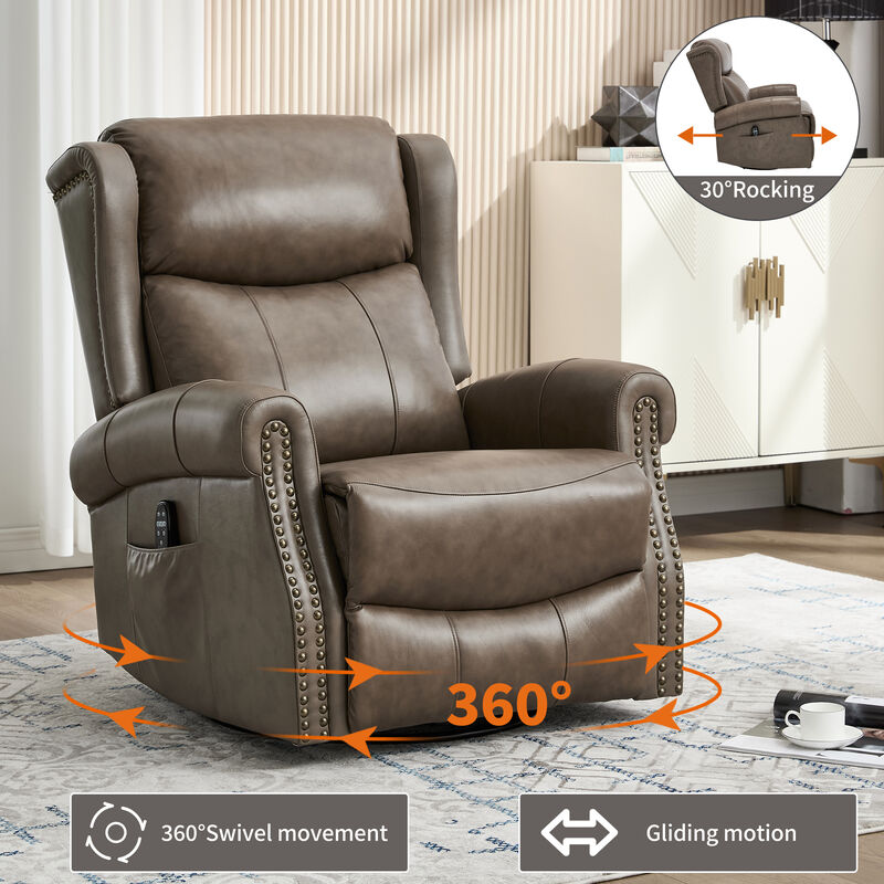 Genuine leather Heat Massage Manual Recliner Chair with Rocker and Swivel for Living Room image number 5