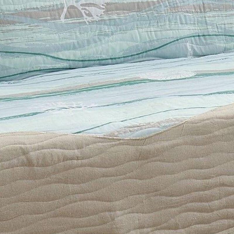 Niha 127 Inch Sofa Cover, Ocean Wave Print and Quilting, Border, Multicolor - Benzara