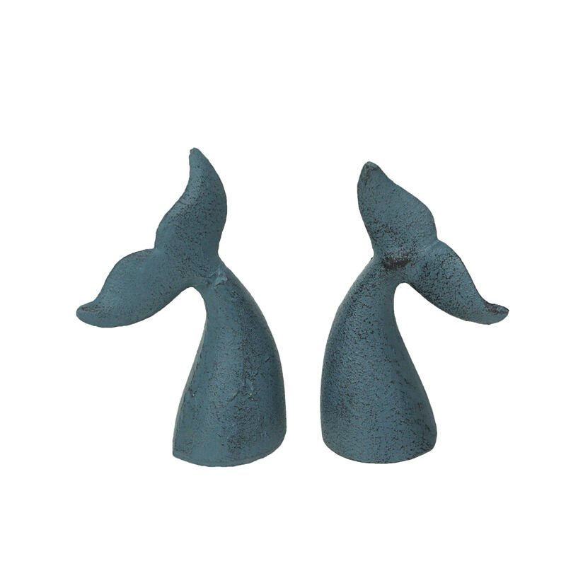 Set of 2 Blue Cast Iron Whale Tail Bookends Nautical Home Decor Bookshelf image number 0