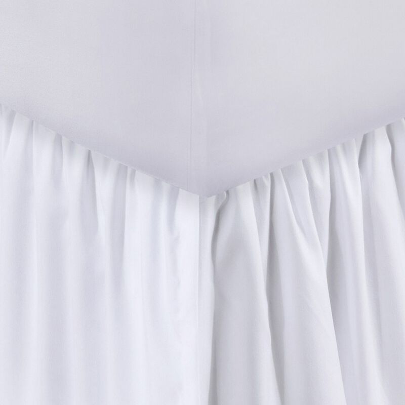 Mora Full Bed Skirt, Polyester Platform, Split Corners, Ruffle Edge, White  - Benzara