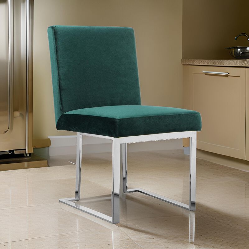 Boly 19 Inch Dining Chair, Set of 2, Green Velvet, Foam, Chrome Steel Base image number 1