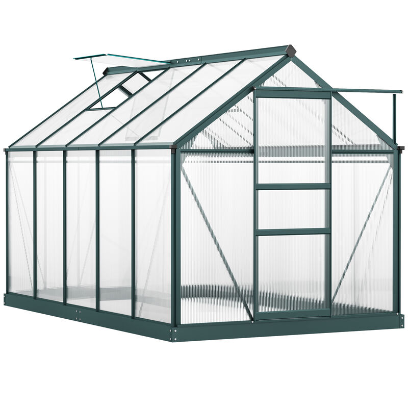 Outsunny 6' x 10' x 6.5' Polycarbonate Greenhouse, Heavy Duty Outdoor Aluminum Walk-in Green House Kit with Rain Gutter, Vent and Door for Backyard Garden, Dark Green
