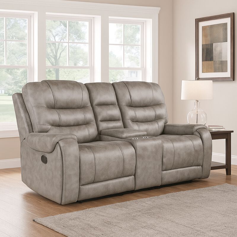 Erron Manual Double Recliner Loveseat with Console, Gray Brown 77 Inch image number 1