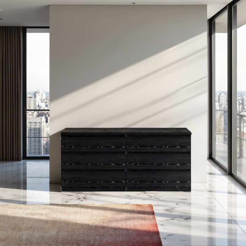 FurniFact Black 6 Drawer Dresser - Elegant Bedroom and Closet Wood Dresser Storage