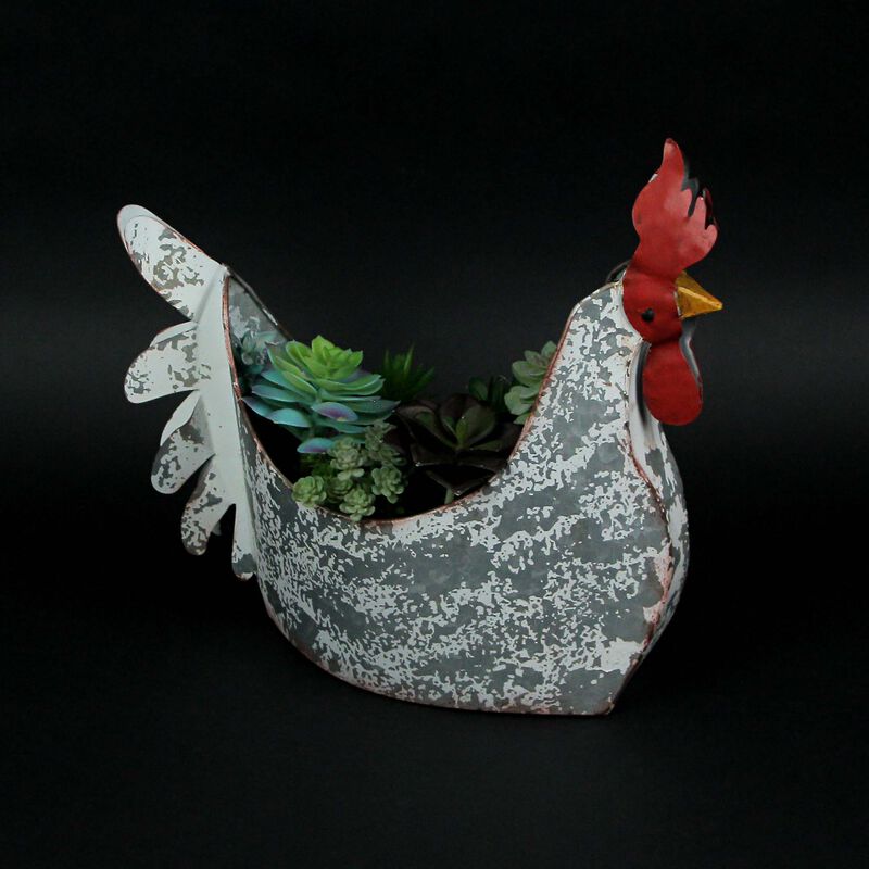 Weathered White Galvanized Metal Rooster Planter - Farmhouse Garden Decor image number 2