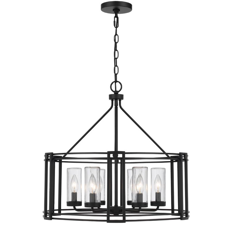 6 Light Chandelier, Caged Round Oval, Glass Shades, Black Metal 24 Inch image number 2