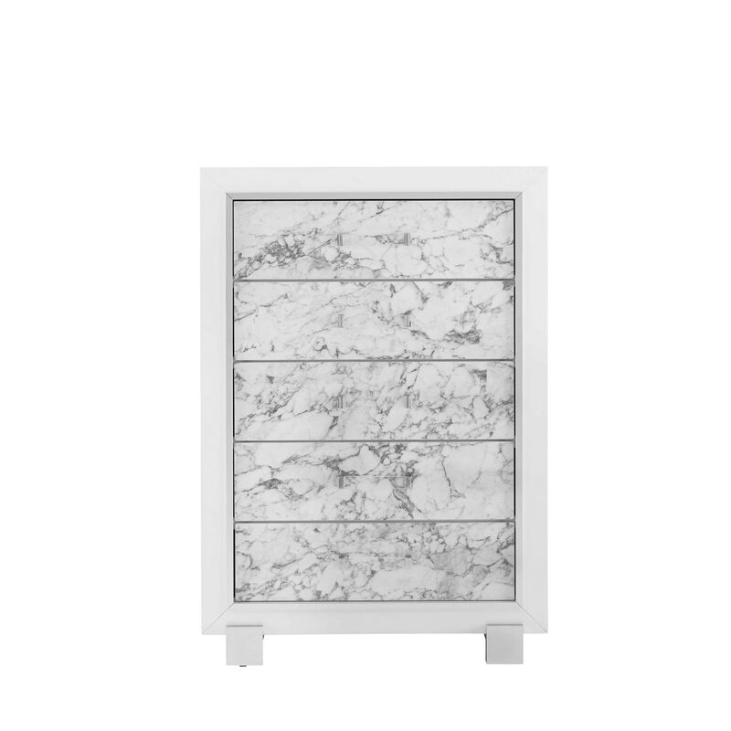 Modern Chest with 5 Drawers Featuring Faux Marble Detailed Front Design