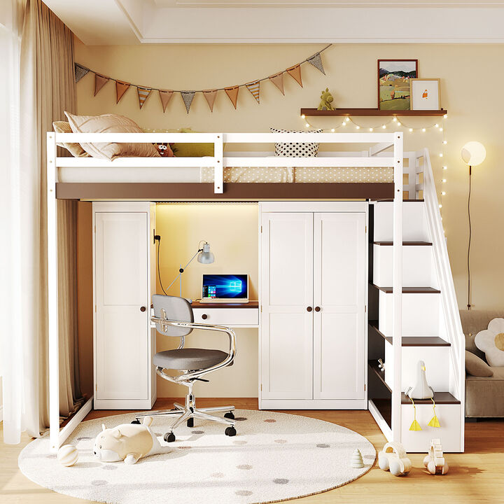 Merax Full Size Loft Bed with Staircase, Dressing Table, Wardrobe, 3-Tier Cabinet