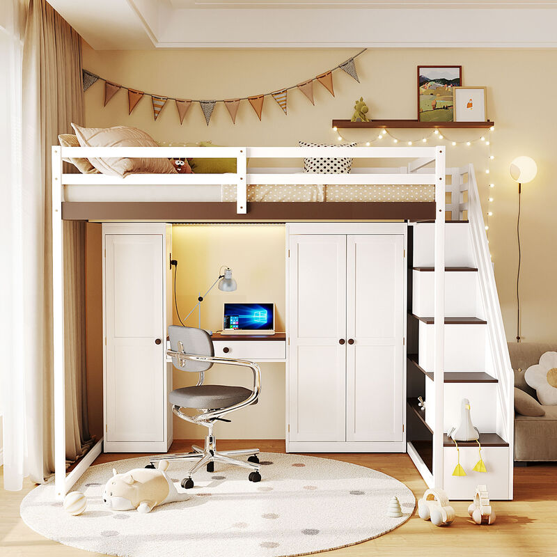 Merax Full Size Loft Bed with Staircase, Dressing Table, Wardrobe, 3-Tier Cabinet image number 1