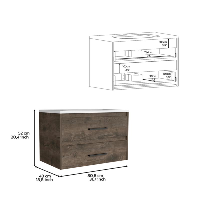 DEPOT E-SHOP Floating Vanity Bathroom 20.4H" with 2 Drawer Organizers, Dark Brown / White