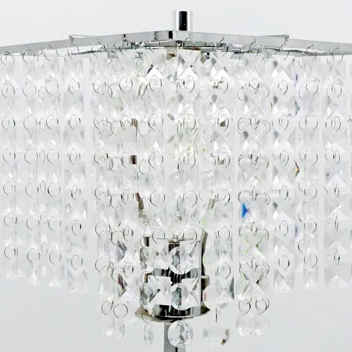20 Inch Modern Table Lamp, Hanging Crystal Accent Shade, Chrome Metal Base-Benzara