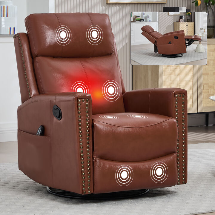 Gnuine Leather Heat Massage Manual Recliner Chair with Rocker and Swivel