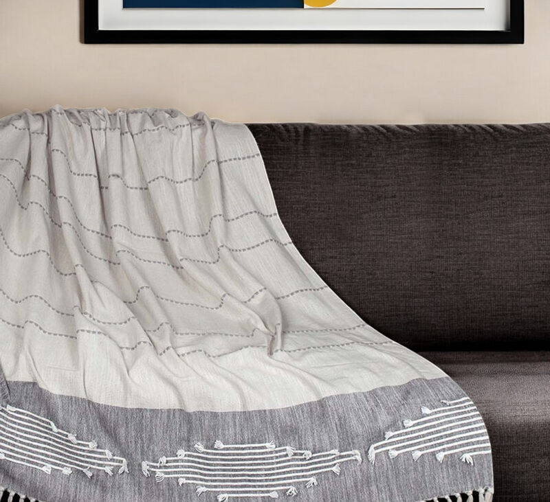 HomeRoots 50" X 60" Ivory and Gray Woven Cotton Striped Throw Blanket with Fringe and Embroidery image number 1