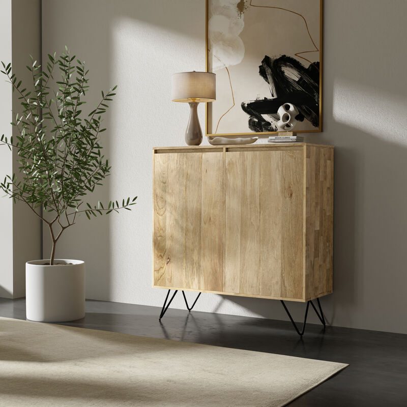 Hunter SOLID MANGO WOOD and Metal 39 inchWide Modern Industrial Medium Storage Cabinet in Natural