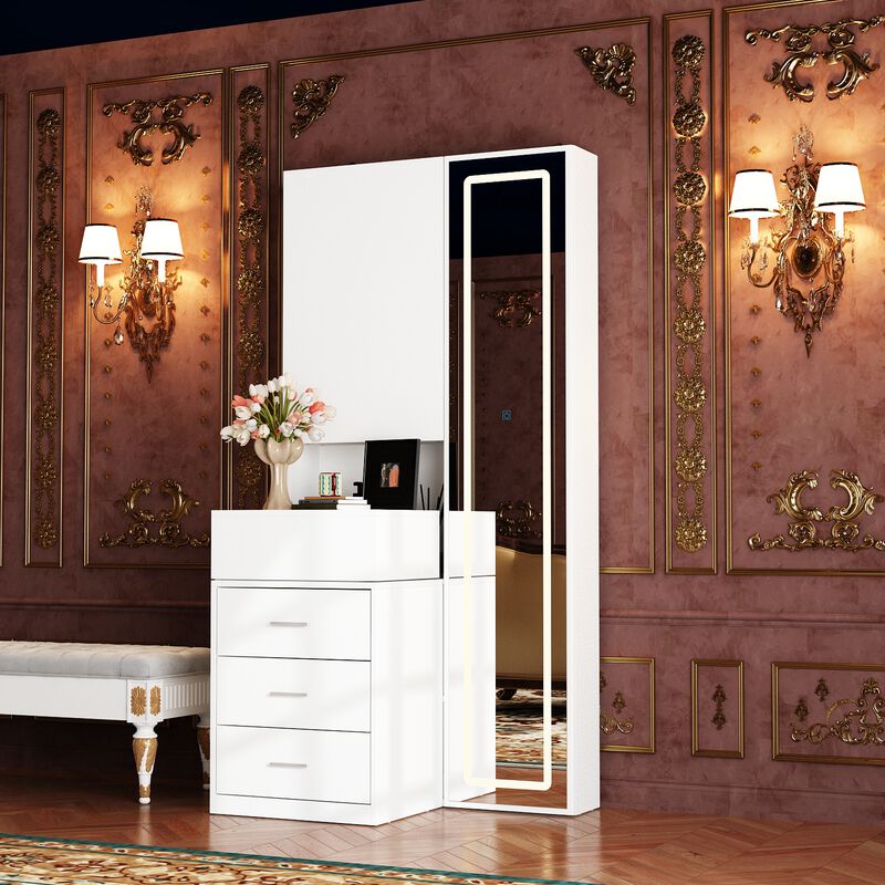 FUFU&GAGA Multi-Functional Makeup Vanity with Mirror, Drawers, and Shelves, (31.5" W x 19.7" D x 63" H),White