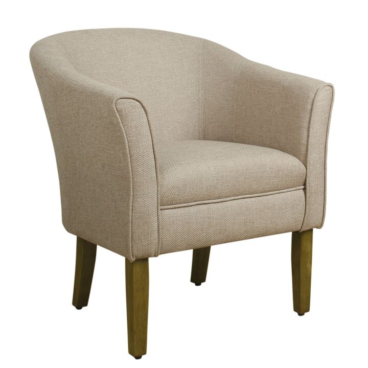 Fabric Upholstered Wooden Accent Chair with Barrel Style Back, Cream and Brown - Benzara