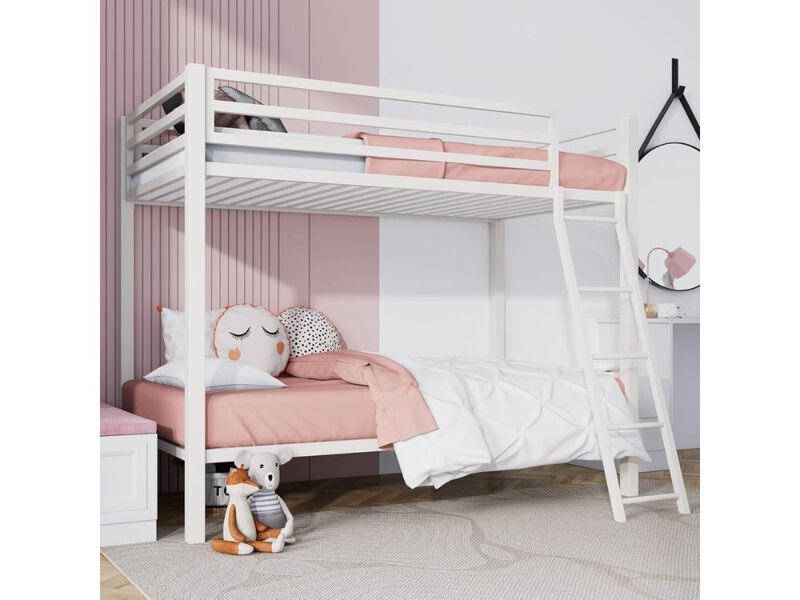 Twin Loft Bunk Bed &ndash; White Metal Frame with Ladder, Guardrails & Heavy Duty Slat Support image number 2