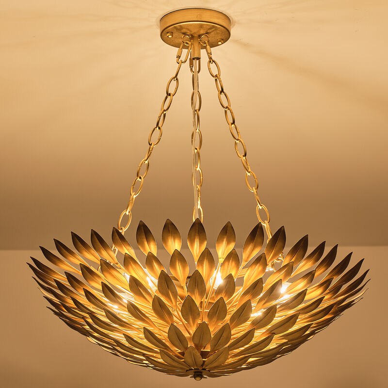 22" 6-Light Gold Modern Leaf Chandelier for Bedroom, Living Room, Entryway