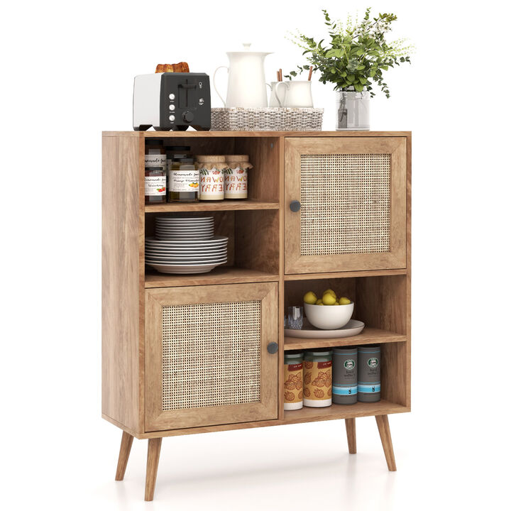 Rattan Buffet Cabinet with 2 Doors and 2 Cubbies-Natural