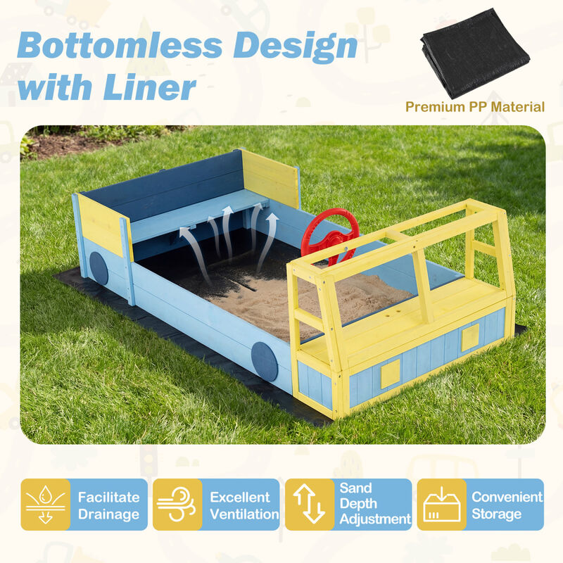 Large Car Style Sandbox with Wooden Frame and Bottom Liner for Kids Outdoor Play-Blue image number 4