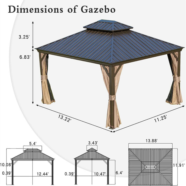12'x 14' Hardtop Gazebo, Outdoor Aluminum Frame Canopy with Galvanized Steel Double Roof, Outdoor Permanent Metal Pavilion with Curtains and Netting for Patio, Backyard and Lawn(Brown)
