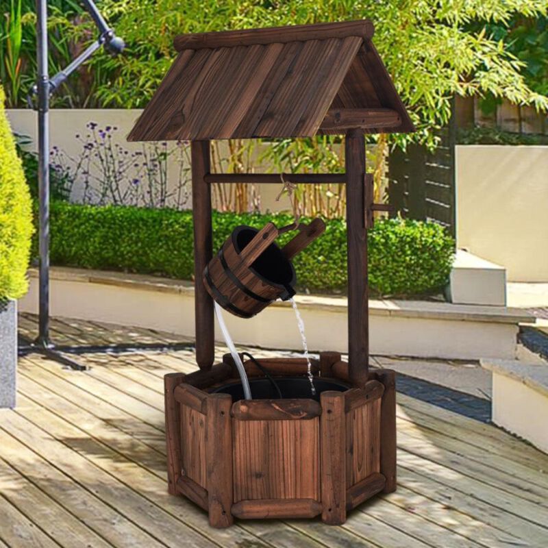 Hivvago Garden Rustic Wishing Well Wooden Water Fountain with Pump