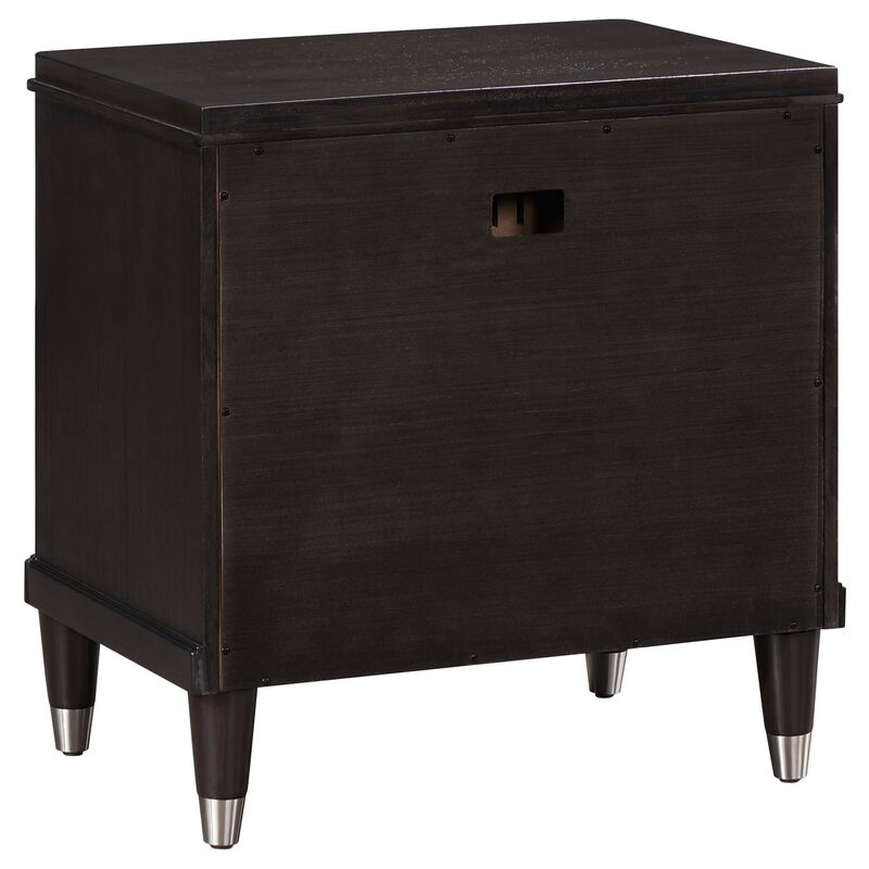 Amber Nightstand, 2 Drawers, Round Metal Knobs, Tapered Legs, Brown Wood - Benzara