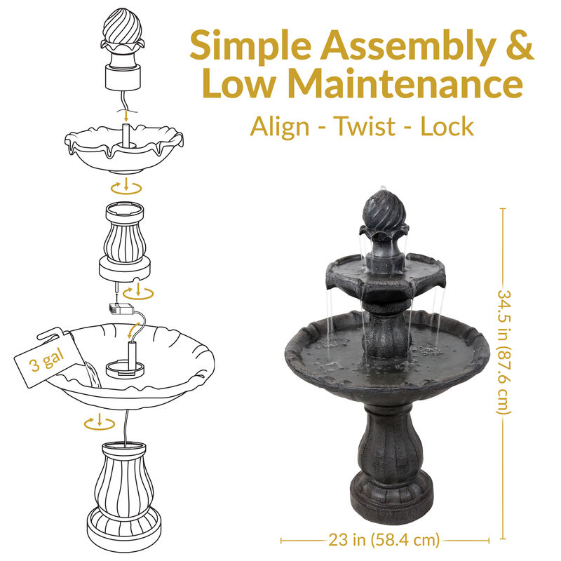 Sunnydaze Resin Outdoor 2-Tier Solar Water Fountain with Battery