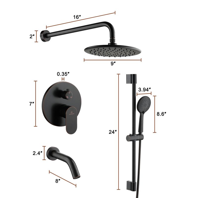 Mondawe 9 Inch 3-functions Wall Mounted Rainfall Shower Body Round Top Spray System with Handheld